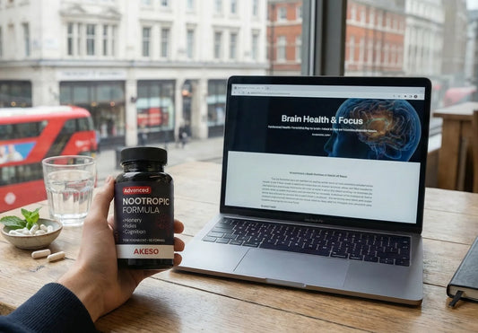 Laptop showing a brain health article beside a bottle of Akeso Advanced Nootropic Formula, with a London street behind