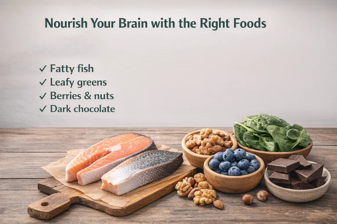Salmon, spinach, blueberries, nuts and dark chocolate on a wooden board