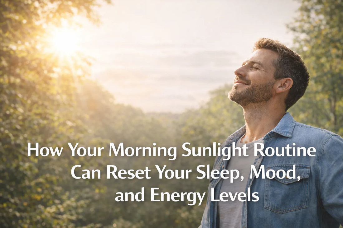 Man standing in morning sunlight among trees