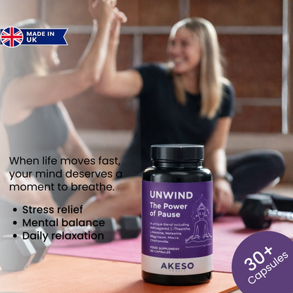 UNWIND Stress Support Supplement 30 Capsules – Ashwagandha, L-Theanine & Magnesium Relaxation Formula | AKESO Health