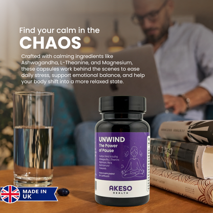 UNWIND Stress Support Supplement 30 Capsules – Ashwagandha, L-Theanine & Magnesium Relaxation Formula | AKESO Health