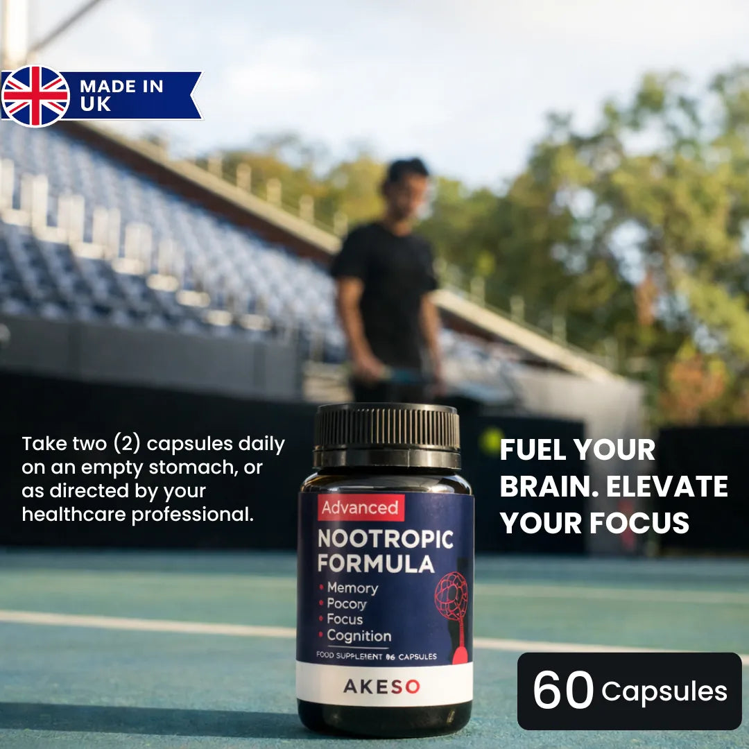 Akeso Advanced Nootropic Formula 60 capsule bottle in front of a running track, made in the UK