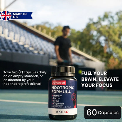 Akeso Advanced Nootropic Formula 60 capsule bottle in front of a running track, made in the UK