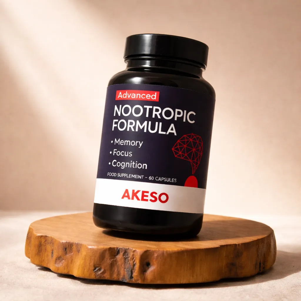 Akeso Advanced Nootropic Formula bottle on a wooden stand