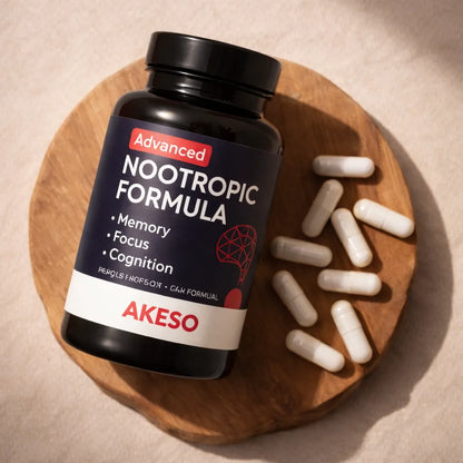 Akeso Advanced Nootropic Formula bottle lying on a wooden board with capsules
