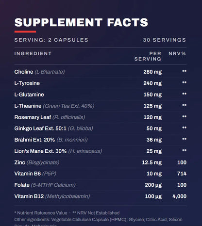 Supplement facts panel for Akeso Advanced Nootropic Formula, listing each ingredient per two-capsule serving