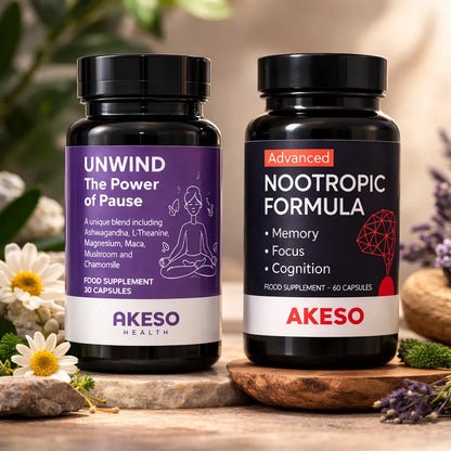 Akeso Health UNWIND and Advanced Nootropic Formula bottles side by side with daisies and lavender