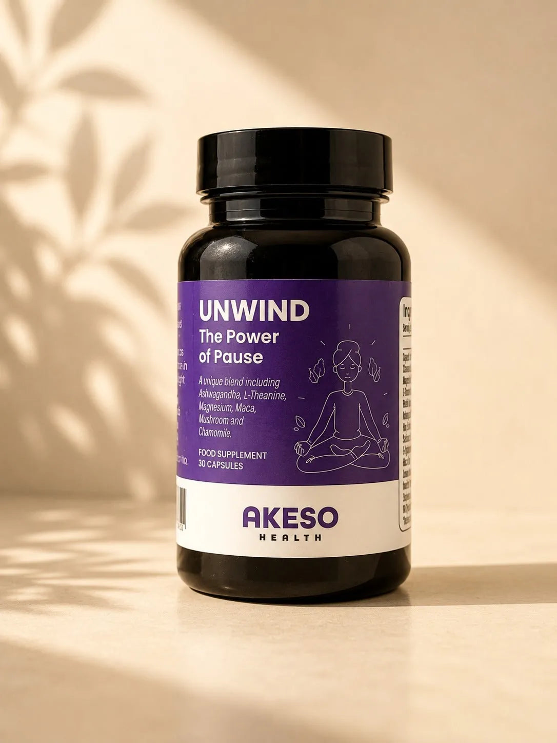 Akeso Health UNWIND bottle in warm light with leaf shadows