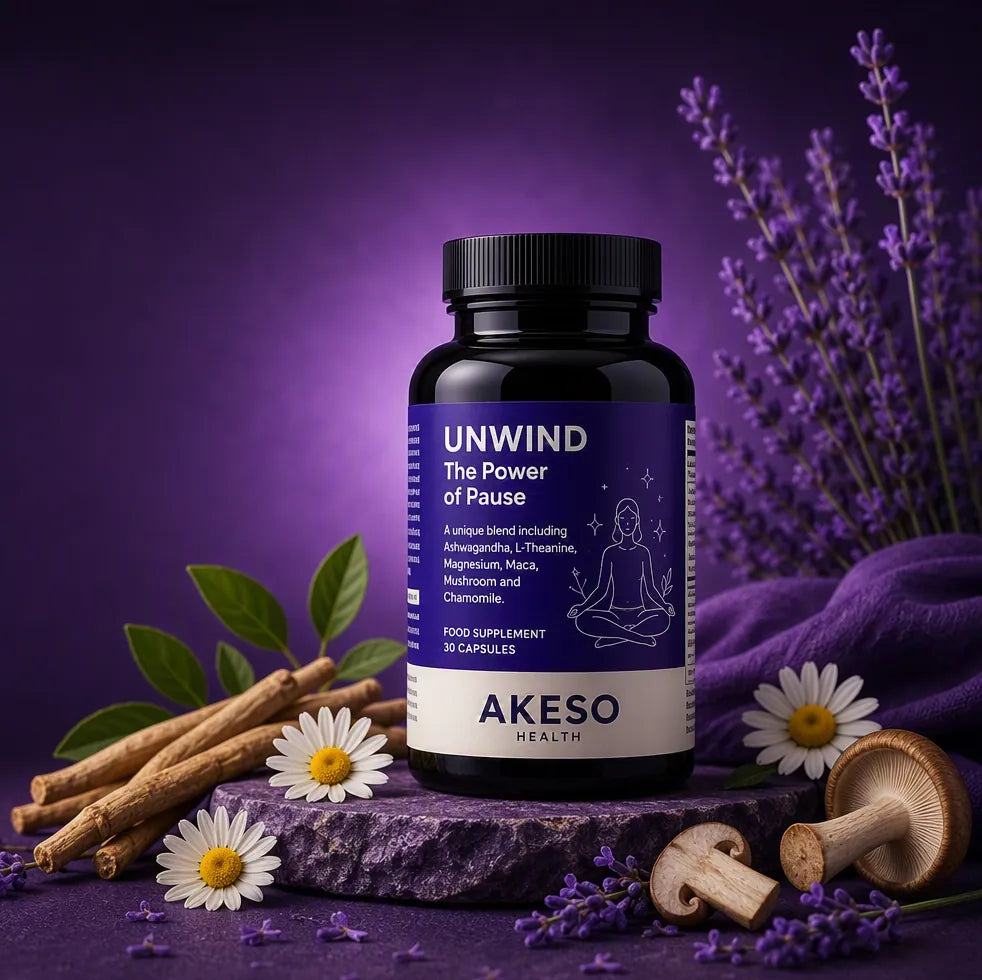 Akeso Health UNWIND bottle with lavender, chamomile and mushrooms