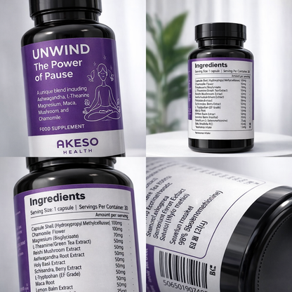 UNWIND Stress Support Supplement 30 Capsules – Ashwagandha, L-Theanine & Magnesium Relaxation Formula | AKESO Health